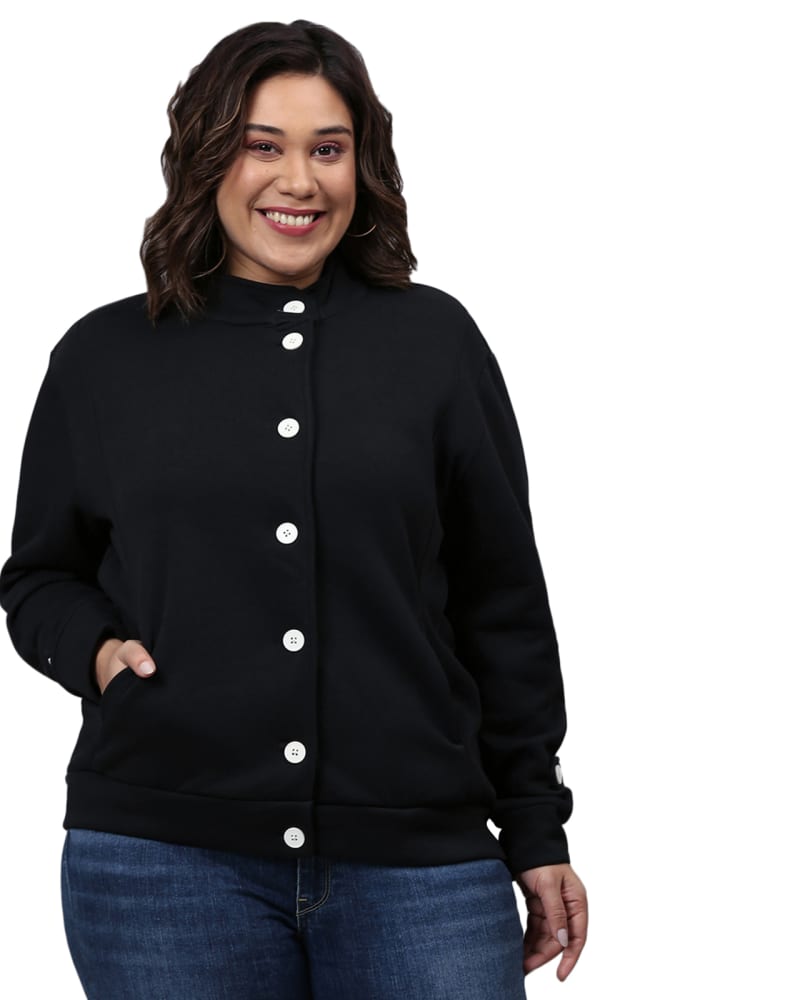 Front of a model wearing a size 6XL Navy Buttoned Sweatshirt in Black by Instafab Plus. | dia_product_style_image_id:298002